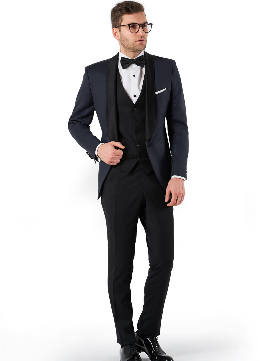 Smoking bleumarin cu rever satinat negru "The Duke"