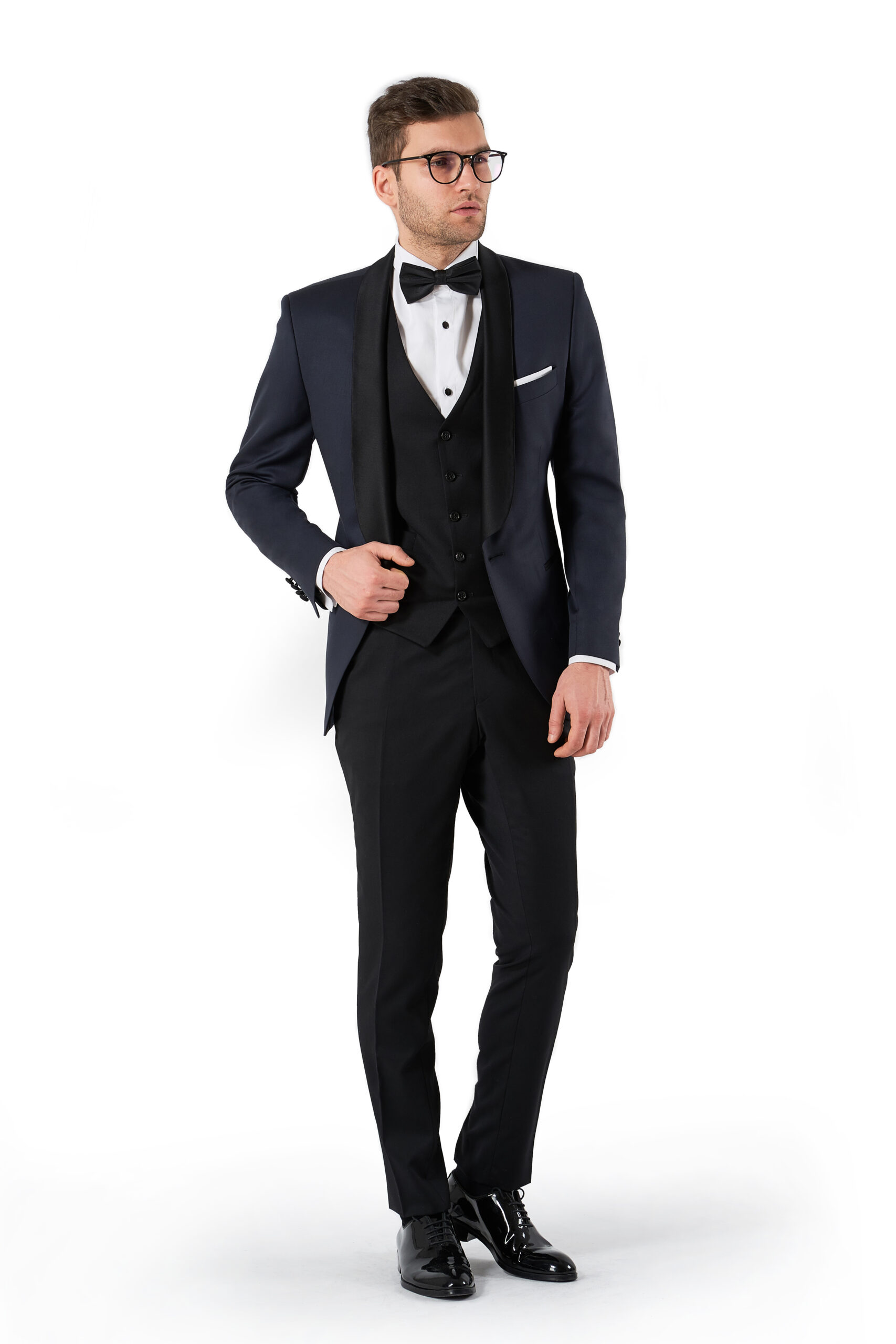 Smoking bleumarin cu rever satinat negru "The Duke"